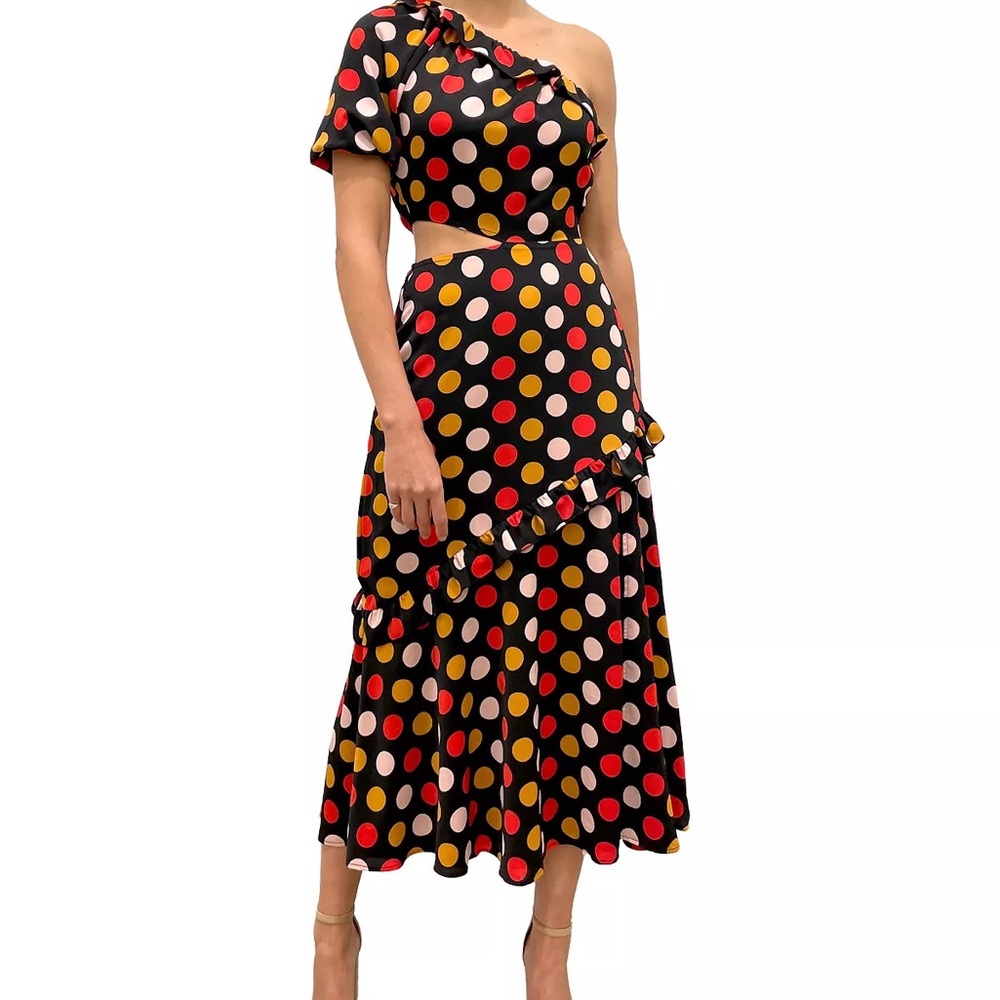 Sam Edelman Women's Polka-Dot One-Shoulder Midi Dress Size 10